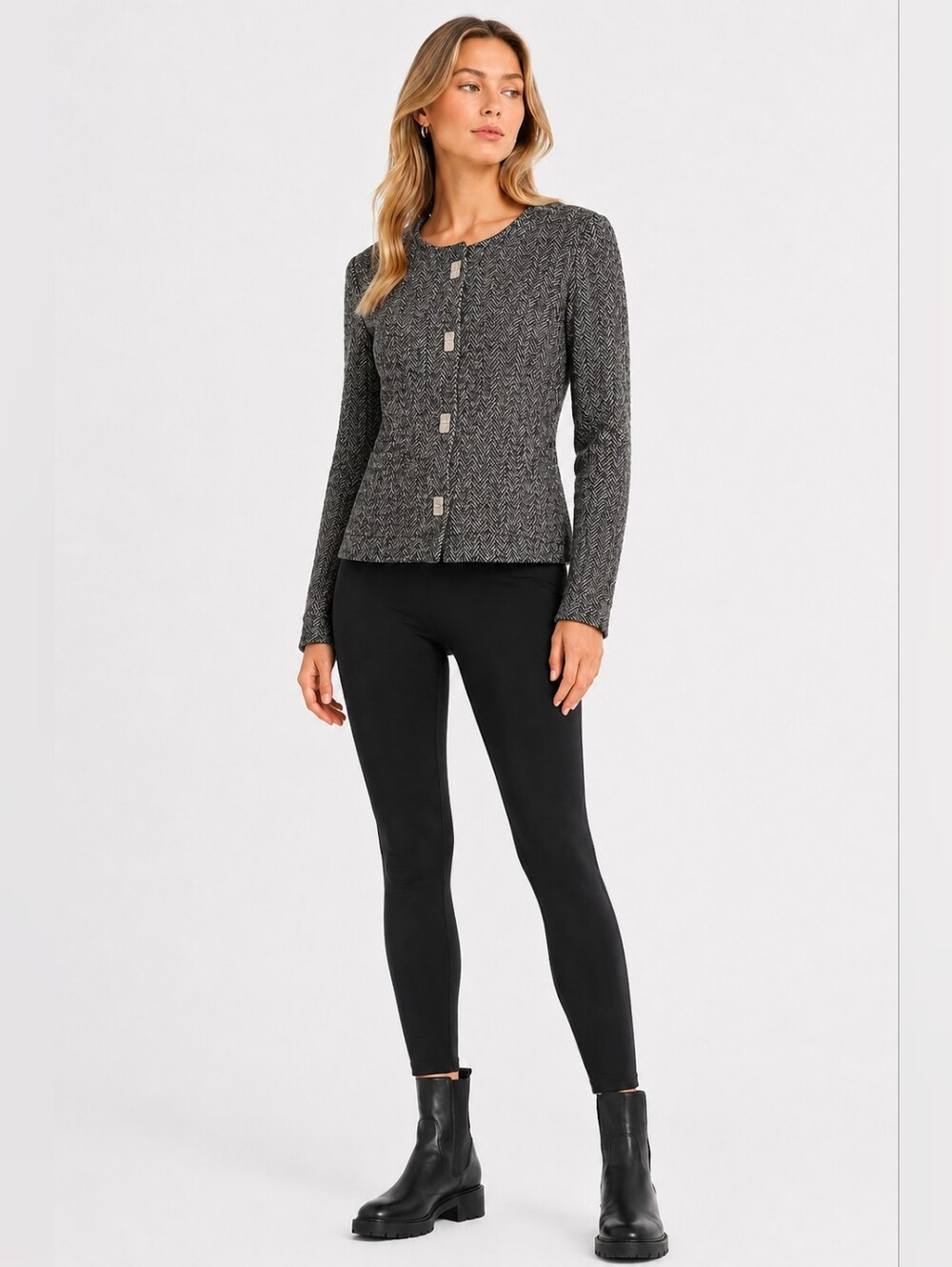 MICHAEL Michael Kors Size XL Wool Chevron Textured Black & Gray Tweed Jacket